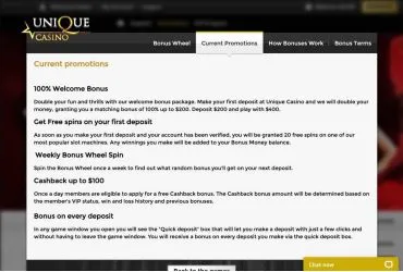Unique Casino – promotion page