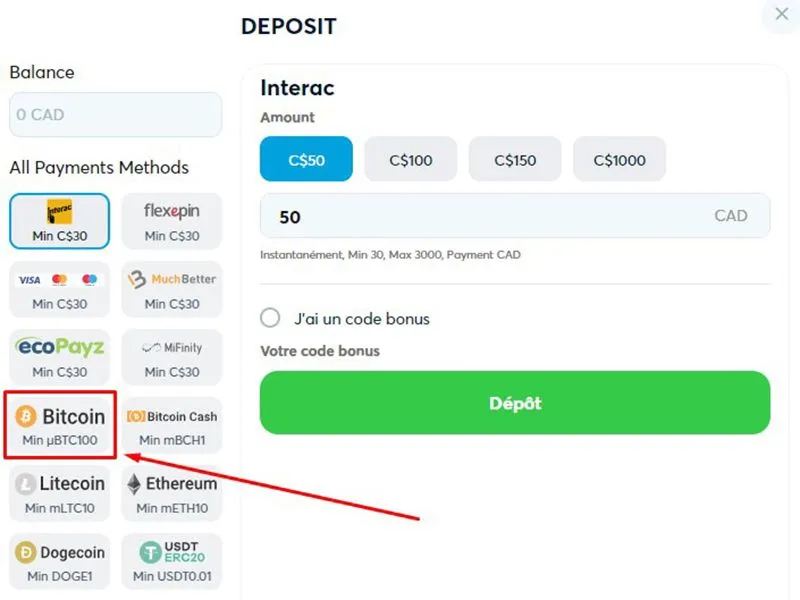 D&eacute;p&ocirc;t avec bitcoin &eacute;tape 3