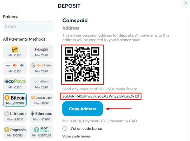 D&eacute;p&ocirc;t avec bitcoin &eacute;tape 4