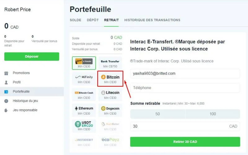 Retrait avec Bitcoin &eacute;tape 4