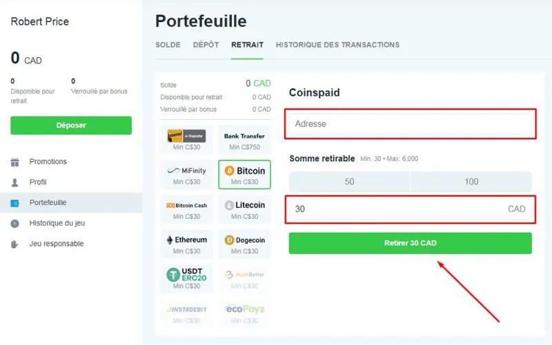Retrait avec Bitcoin &eacute;tape 5