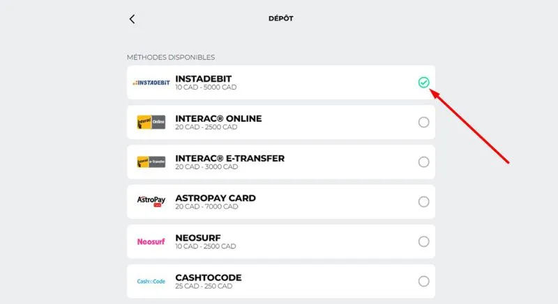 Cliquez sur la colonne Instadebit