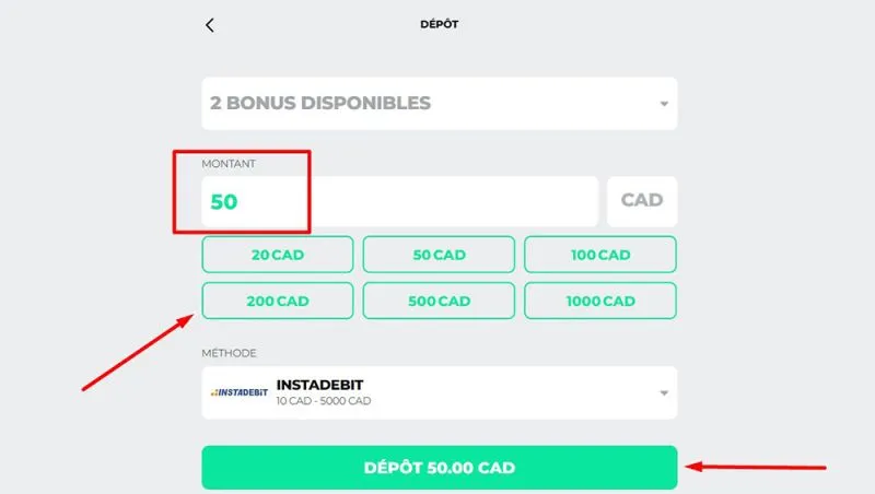 Choisissez le montant du dépôt