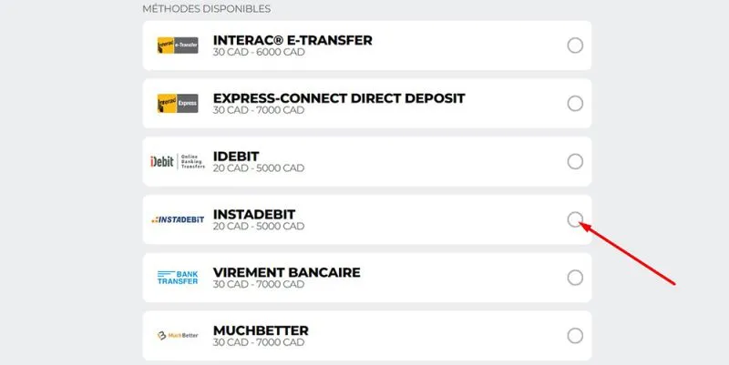 Choisissez Instadebit parmi la de méthodes de paiement