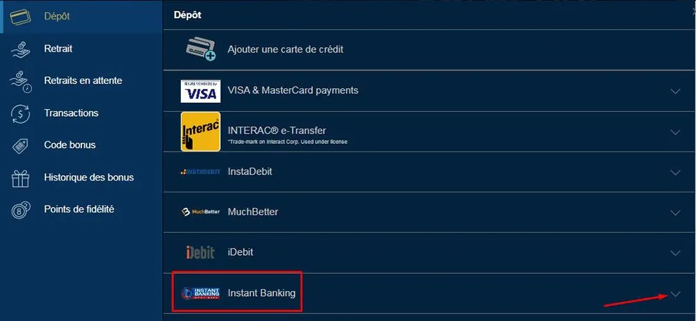 Dépôt avec banque instantanée Étape 3