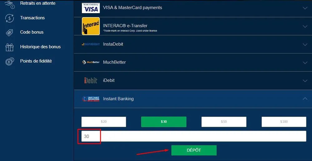 Dépôt avec banque instantanée Étape 4