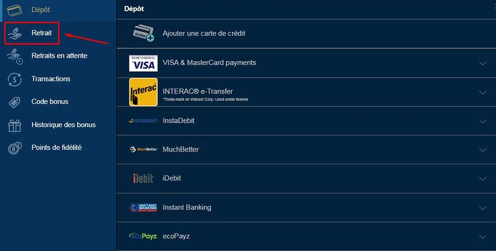 Retrait avec Banque instantanée Étape 2