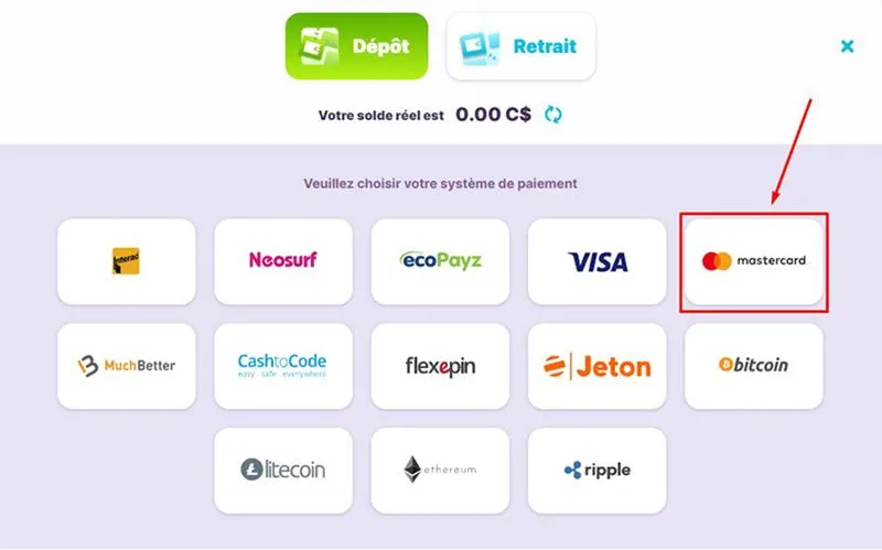 Dépôt avec MasterCard Étape 3