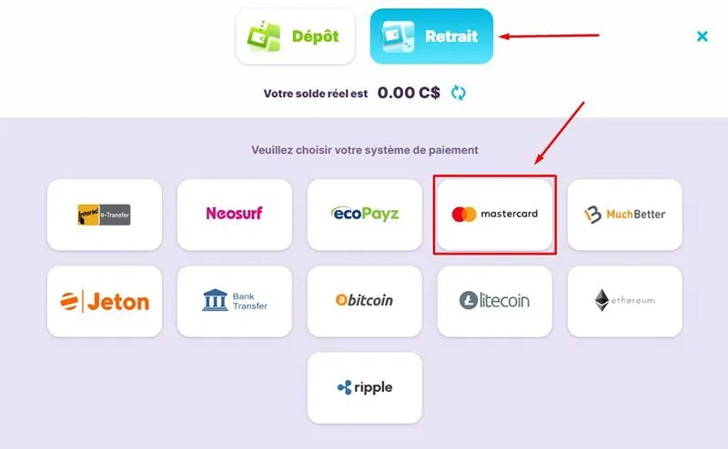 Retrait avec MasterCard Étape 2