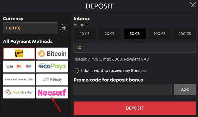 Choisissez Neosurf dans la liste des m&eacute;thodes de paiement