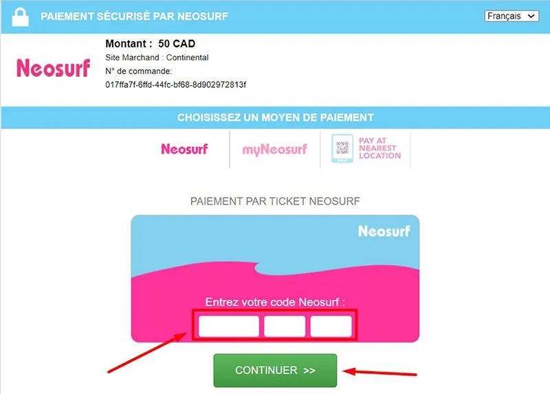 Inscrivez le code &agrave; 10 caract&egrave;res du bon d'achat Neosurf
