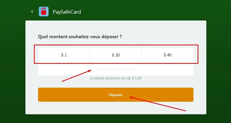 Dépôt avec PaysafeCard Étape 4