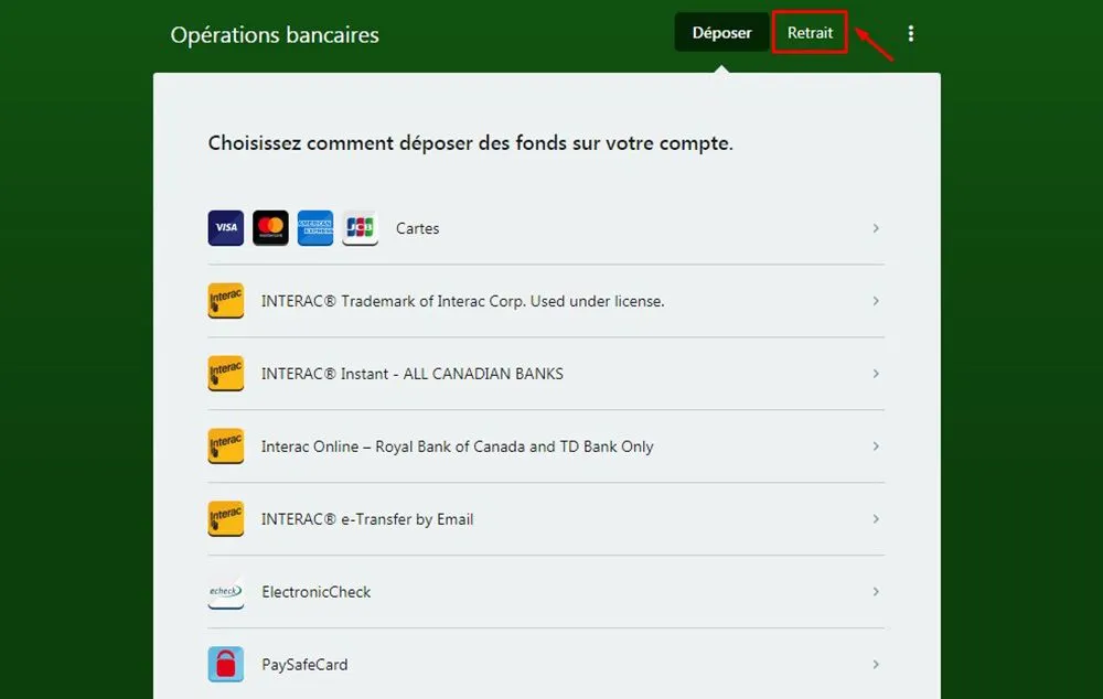Retrait avec PaySafeCard Étape 2