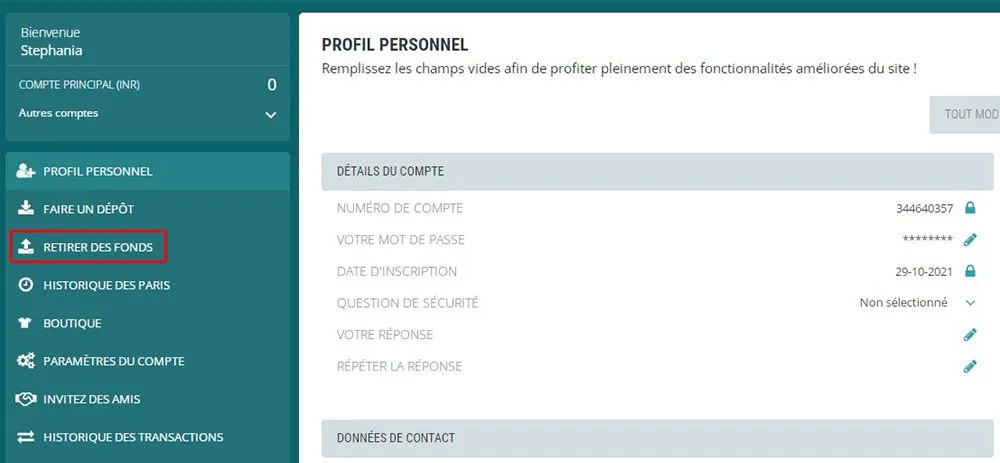 Cliquez sur « Retrait »