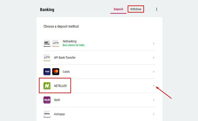 Withdrawal menu