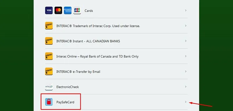 Payment methods list