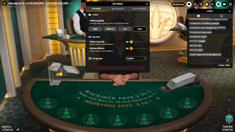 live dealer blackjack - settings panel